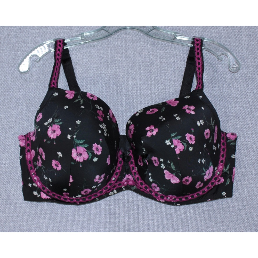 Torrid Bra Full Coverage Underwire Women 40DDD Black Pink Floral Crochet Trim